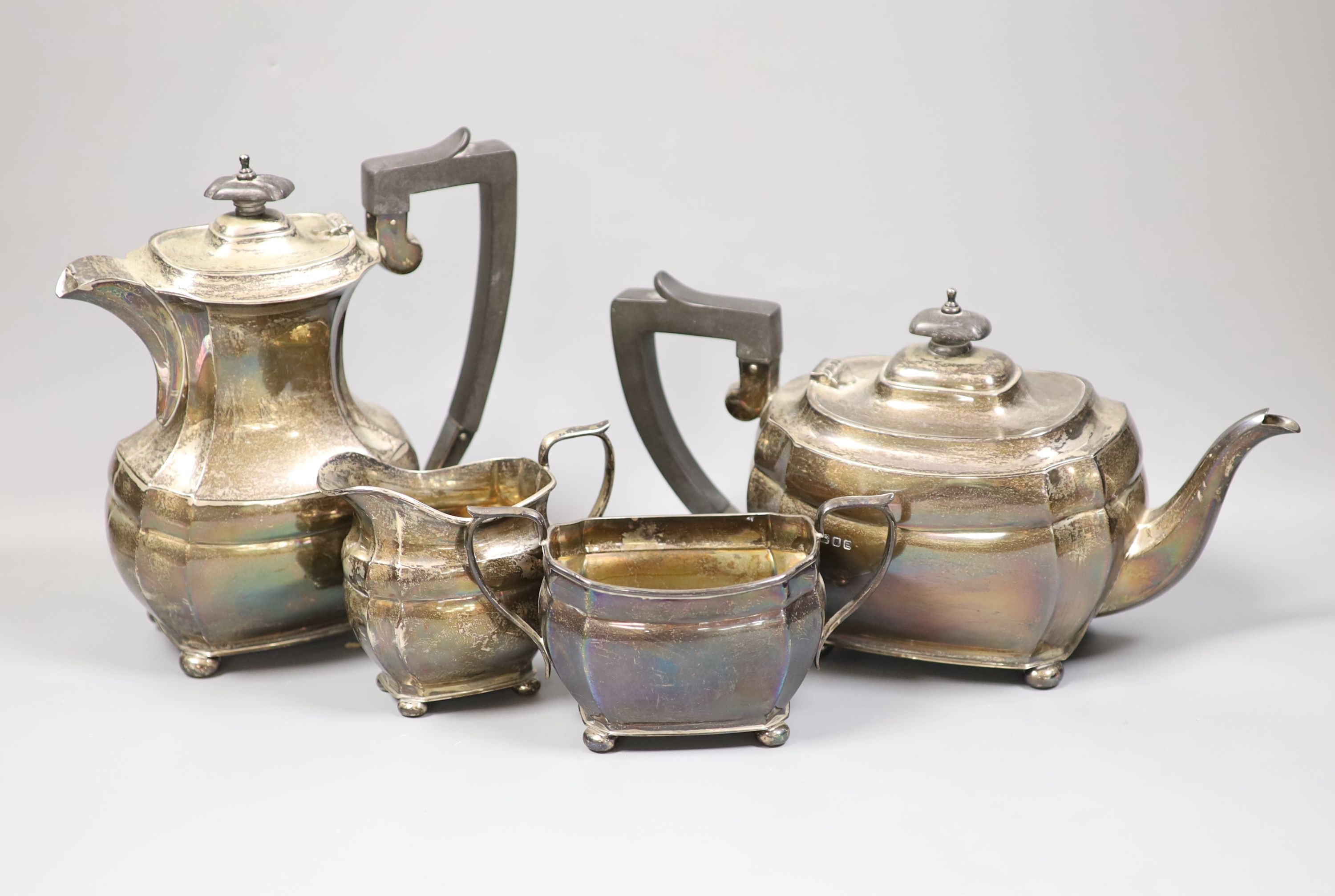 A late 1940's/early 1950's silver four piece tea set, C.J. Vander Ltd, London, 1948/9,1950/1
